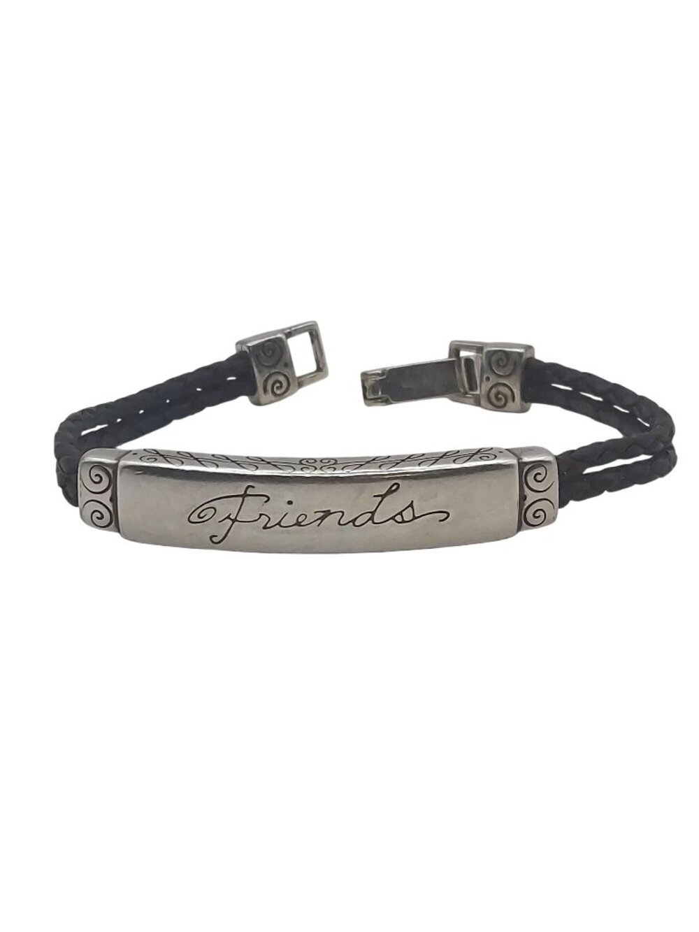 Brighton ID Bracelet Friends Silver Plated Bar Black Leather Cord Stackable Gift